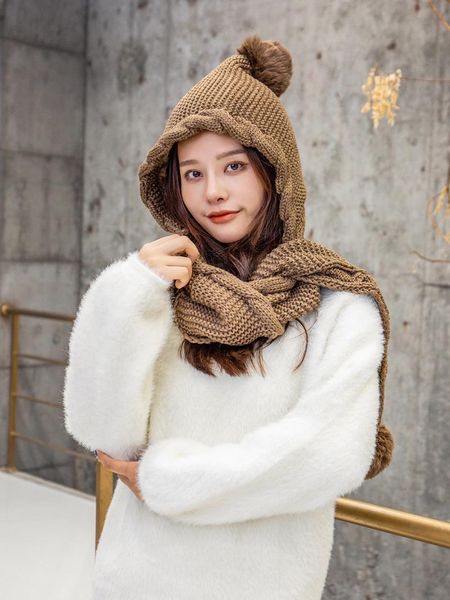 

little hat 2020 winter new one-piece scarf plus velvet warm hat korean fashion joker face protection knitted ladies, Blue;gray