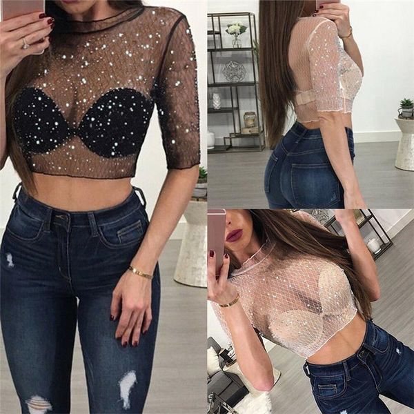 

women mesh sheer transparent t-shirt crop short sleeve sequined sparky bling bling clubwear t-shirt short sale, White