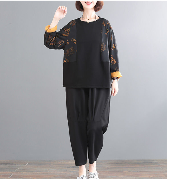 

women's enlarged loose casual sports suit 2pk fashion letter printed outdoor running clothing fitness elastic rope pants, Black;blue