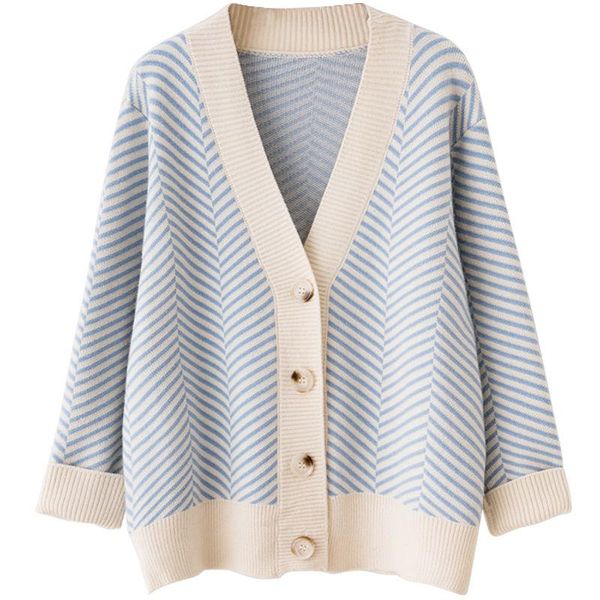 

2021 women autumn spring v-neck knitted striped women sweaters coat cardigans long sleeve poncho sweaters pull femme, White