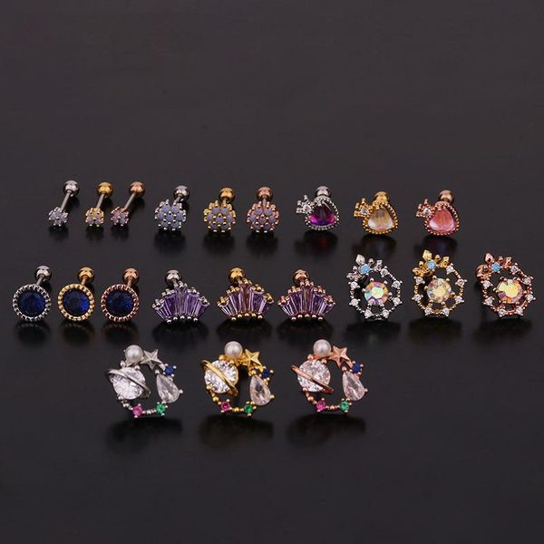

stud 1pc star heart cross crown crystal earrings for women cz zircon colorful ear bone piercing jewelry gift, Golden;silver