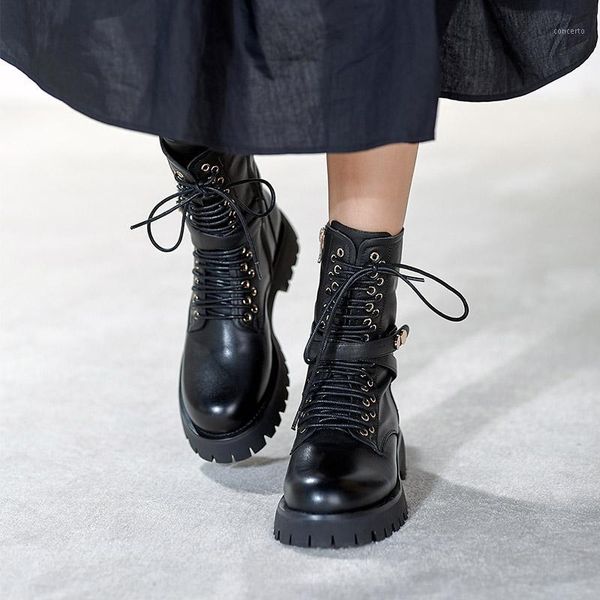 

mordoan genuine cow leather boots women's short boots british style knight women thick heel mid calf women's1, Black