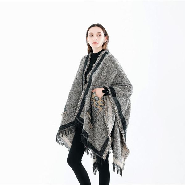 

2020 new leopard print pocket tassel edge winter warm cashmere like shawl, Blue;gray