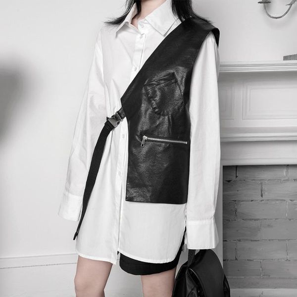 

women vest irregular bandage short dropshipping vests coats asymmetry pu leather vintage all match black sleeveless coats b3361, Black;white