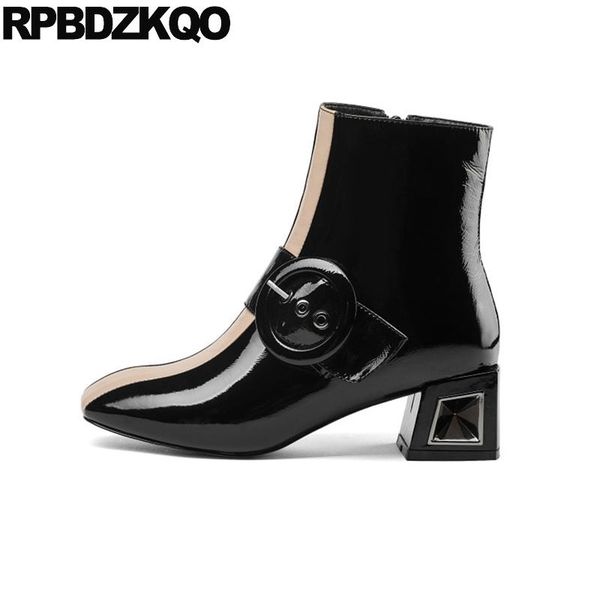 

japanese plus size women ankle boots medium heel black chunky 10 patent leather shoes big brand square toe winter crossdresser