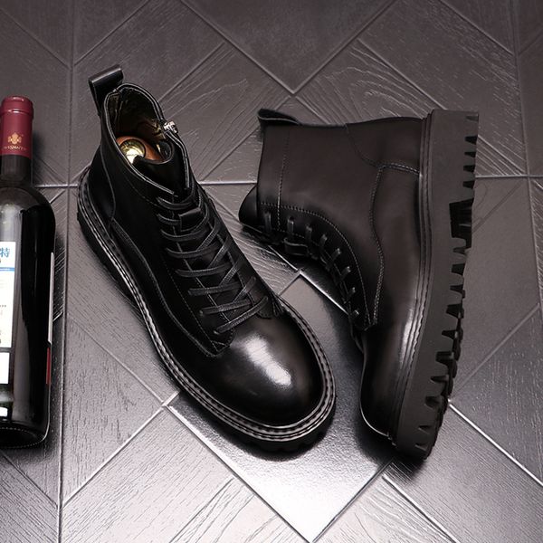 

fashion korean designer black platform genuine leather shoes lace ankle homme short male zapatos boots lkfy