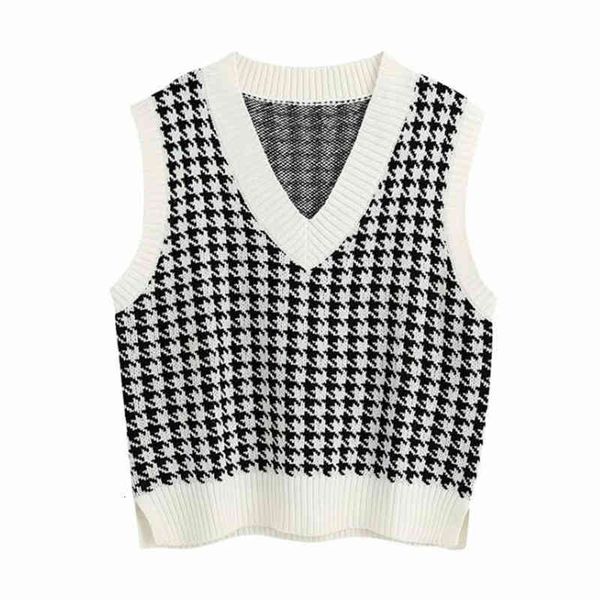 

women's tracksuits fashion oversized houndstooth knitted vest sweater for women girls vintage sleeveless side vents female waistcoat ch, Gray
