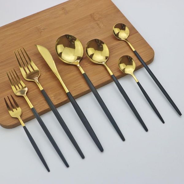 

flatware sets 8pcs black gold cutlery set knife fruit fork ice cream spoon silverware mirror 304 stainless steel dinnerware flatwareset