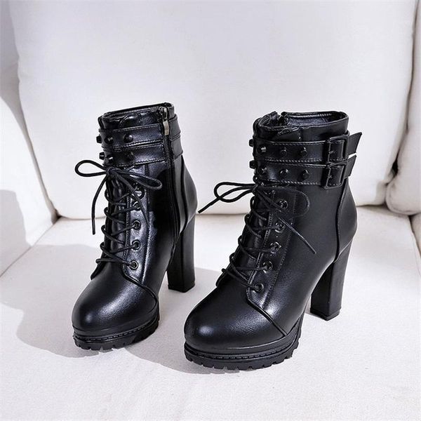 

black leather boots women shoes high heel platform shoes for women heels korean style new autumn winter woman ankle boots1
