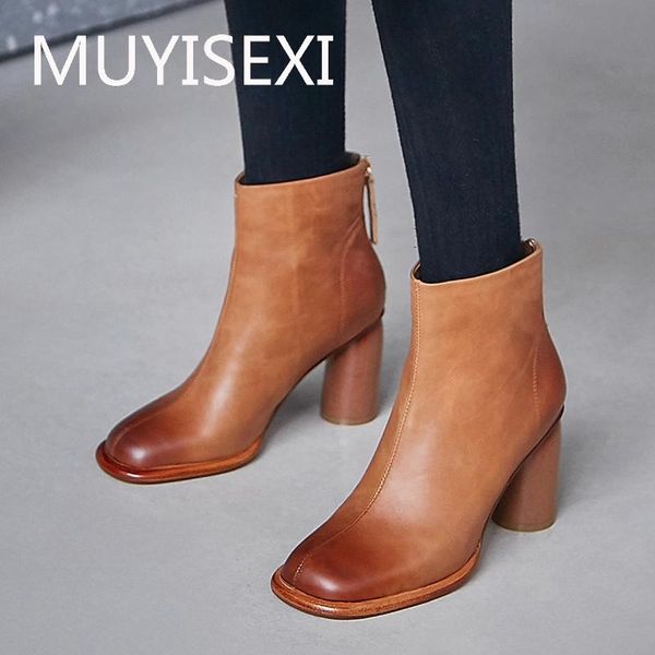 

woman ankle boots genuine leather round toe zip 8cm high round heels elegant keep warm retro brown black plus size sr08 muyisexi
