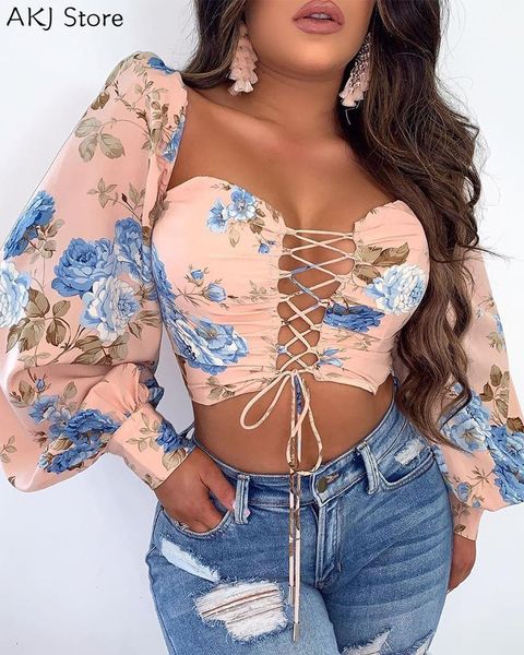 

women long sleeve floral drawstring lace-up blouse, White
