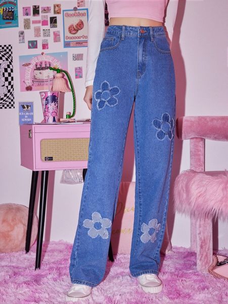 

romwe floral embroidery jeans y8ho#, Blue