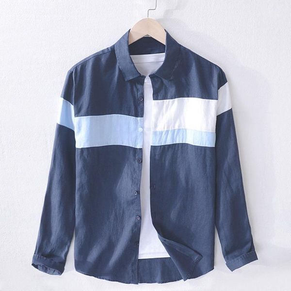 

spring autumn new men's long sleeve 100% linen shirts individual splicing linen leisure shirt youth beach sun 1, White;black