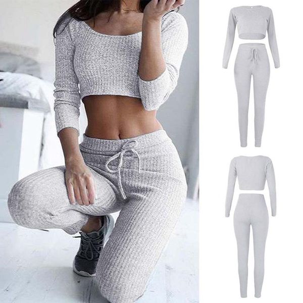 

women fashion casual long-sleeved round neck solid color trousers casual suit gray