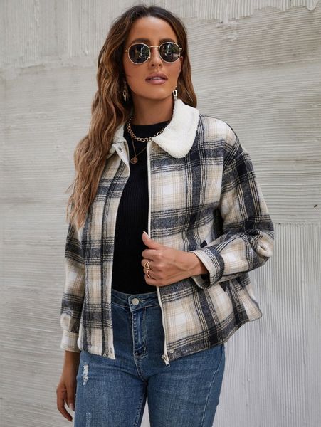 

plaid contrast teddy collar zip up overcoat a42y#, Black