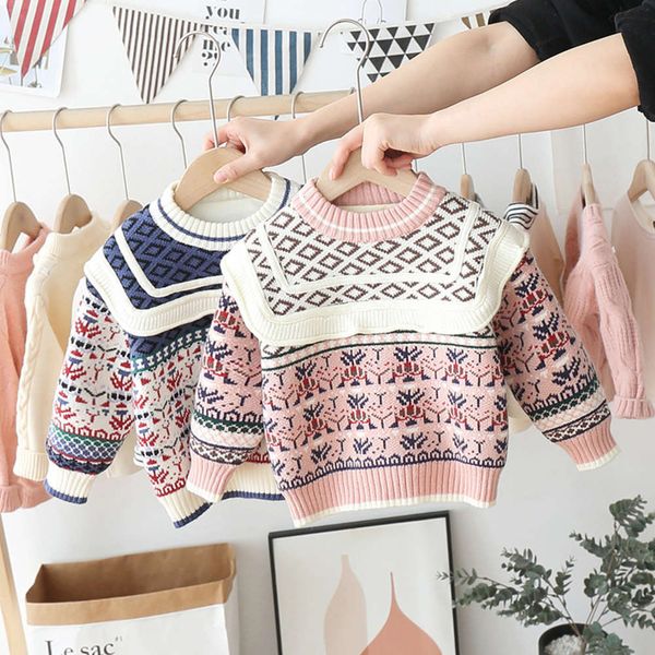 

clothing 2020 winter new korean children's t-shirt boys and girls jacquard sweater plush top, Blue