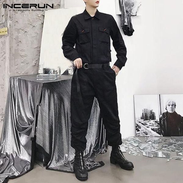 

men's pants cargo overalls solid joggers streetwear long sleeve lapel fashion jumpsuits pockets casual men rompers incerun s-3xl, Black