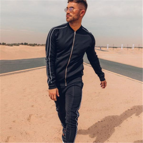 

mens stripe sports sets fashion trend long sleeve zipper jacket pant suits designer man spring new slim casual fitness running tracksuits, Gray