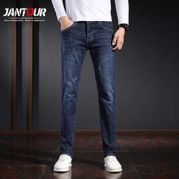 

men's jeans brand men business casual long trousers autumn winter skinny pocket letter appliques blue straight pants 28-38