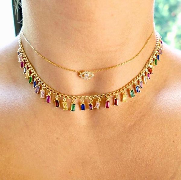 

chains rainbow baguette cz charm choker necklace gold silver color drop chain fashion women jewelry