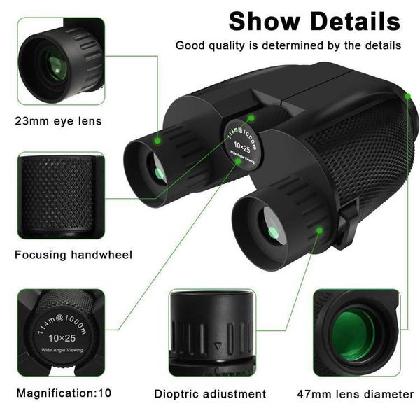 High Times 10X25 Hd All-Optical Green Film Binocolo impermeabile Telescopio Mini binocolo digitale a lungo raggio Alta qualità per il turismo Caccia Sport Bird Watch