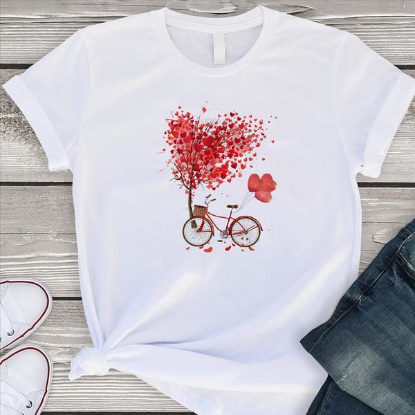 

kawaii heart bicycle short sleeve t shirt women casual vintage graphic clothes female tee summer girl love t shirts, White
