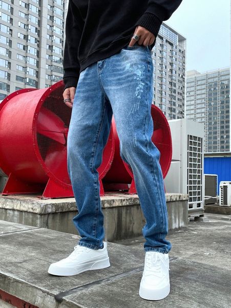 

men floral embroidery slant pocket jeans z7zo#, Blue