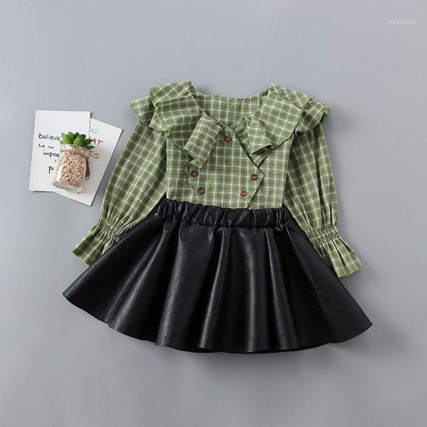 

clothing sets wholesale girls long sleeve plaid shirt+black pu skirt 2021 fall fashion 2pcs outfit baby clothes 2-6y h2231, White