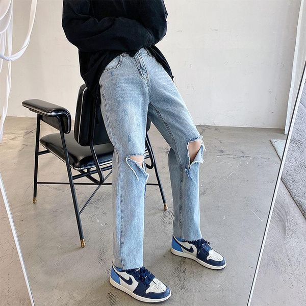 

men's jeans 2021 autumn winter slim solid color broken straight loose casual personality youth wear, Blue