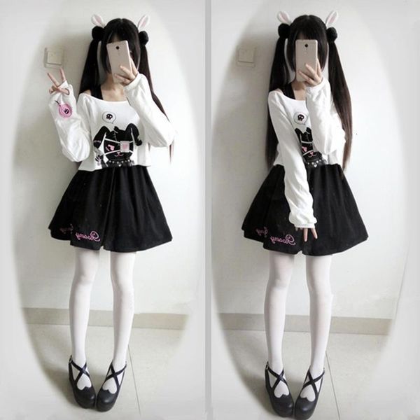 

paris girl black comic rabbit teens girl 2 knee length pcs suit sweet cotton dress short cute bunny print long sleeves japanese, Black;gray