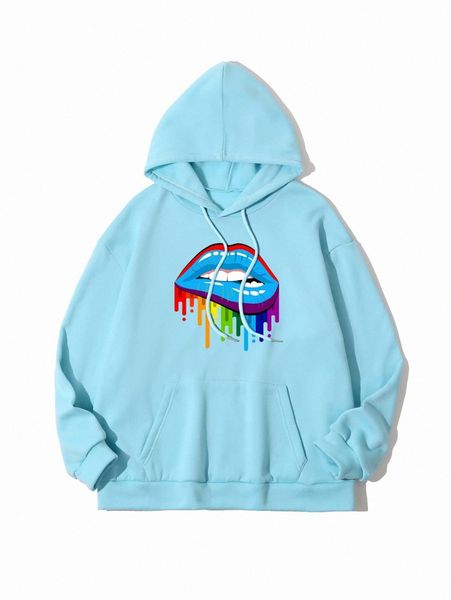 

mouth print kangaroo pocket drawstring thermal hoodie z8sc#, White;black