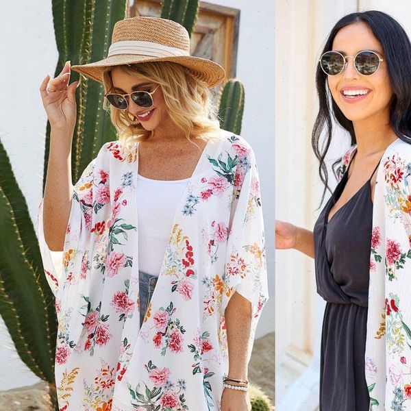 

colorful floral kimono mujer 2021 bluse feminino summer beach long cardigan women vintage boho kimono femme shirt g3, White