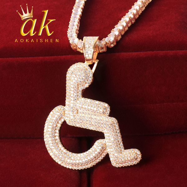 

handicap wheelchair pendant gold color cubic zircon men's hip hop jewelry q1209, Bronze;silver