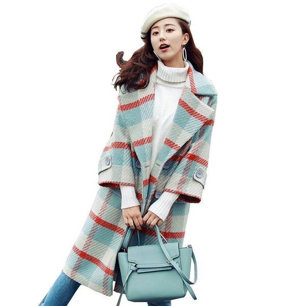 

autumn winter new wool coat women's mid-length jacket fashion elegant lattice loose woolen coat female casual outwear r652, Black