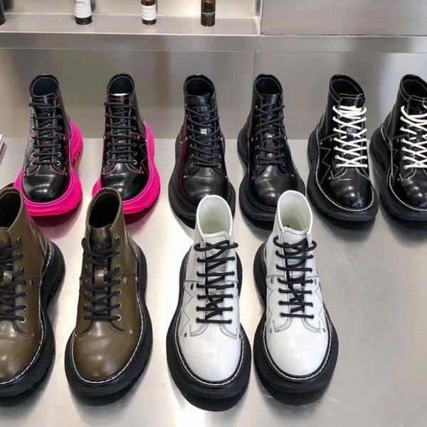 

tread lace-up boots fashion show short boots men's and women's platform shoes stitching leather stitching soles increased outsole, Black