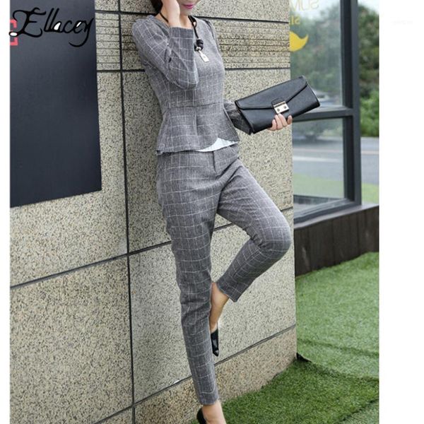 

ellacey new spring autumn fashion women's business pants suits office lady plaid checker ruffles suits for women 2 pieces set1, White
