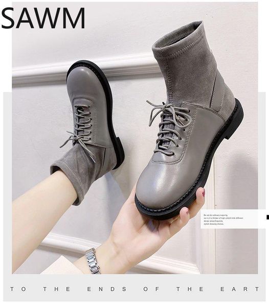 

boots round toe women's rubber autumn shoes booties ladies luxury designer boots-women flat heel lace up low heels, Black
