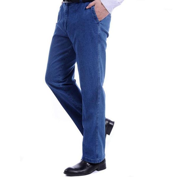 

fashion mid-aged men stretch jeans straight full length mid-weight all-match plus size loose slim student wear casual jean, Blue