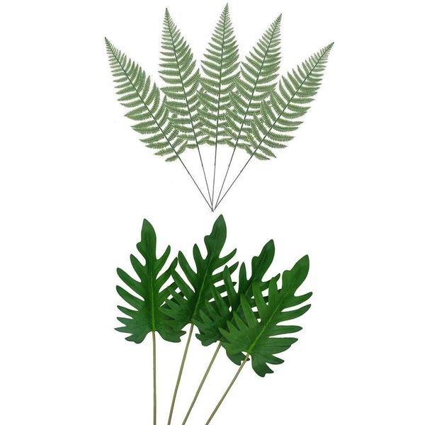 

new-14 pcs green plants artificial leaves: 4 pcs tropical palm leaves for hawaiian luau party decoration & 10 artificial bos