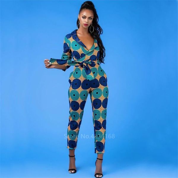 Fashion Ladies Kleidung afrikanische Kleider für Frauen Dashiki Print Hosen Jumpsuit Schulter vor halb Ärmeln Ankara Style Vestidos LJ200826