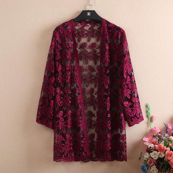 

rebicoo women's jacket new summer lace hollow thin slim short sleeve solid color long section jacket1, Black;brown