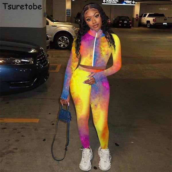 

tsuretobe tie dye two piece set women print fall clothes for women crop woman pants bodycon outfits matching sets1, Gray
