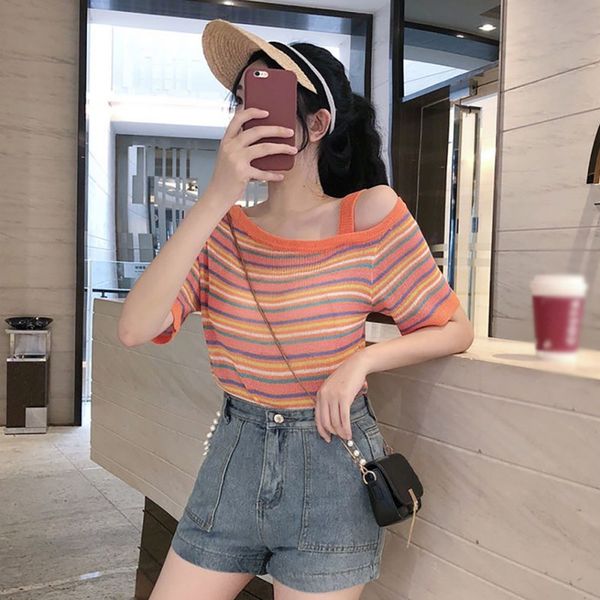 

women's casual strapless slim short sleeve striped knit t-shirt, White