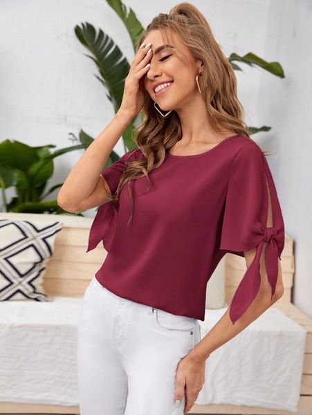 

knot cuff solid blouse i7q8#, White