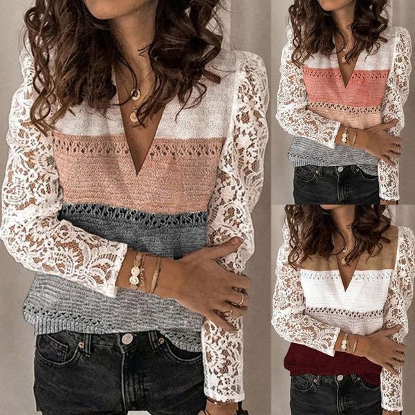 

2021 women casual lace color block long sleeve v-neck pullover knit sweater sweaters for women fashion wonder ladies sweater, White;black