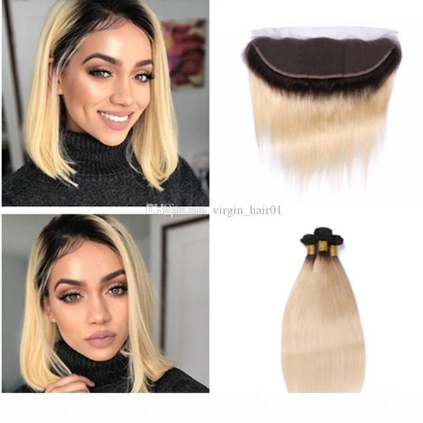 

1b 613 straight hair bundles with lace frontal bleached knots two tone silk straight blonde hair bundles with ear to ear lace frontal, Black;brown