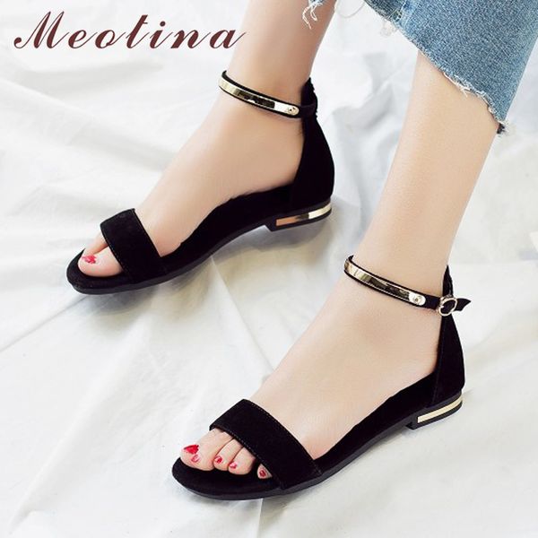 

meotina genuine leather women sandals chunky heels summer shoes 2020 peep toe suede shoes black buckle bling big size 33-46 11 t200529
