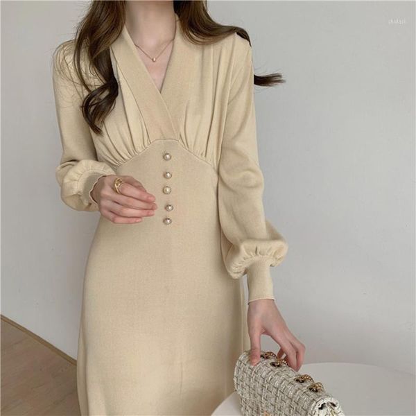 

knitting buttoming women dresses autumn new solid lantern sleeved slim a-line knee-length elegant lady clothing, Black;gray
