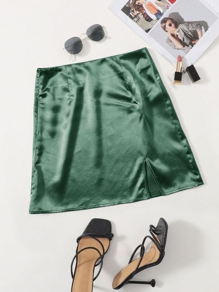 

zip side slit hem satin skirt 94p5#, Black