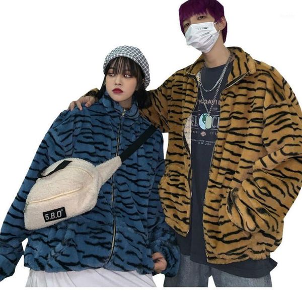

women plush zebra pattern jacket winter retro loose wild stand collar thickened velvet zipper cardigan cotton flocking crop 1, Black;brown